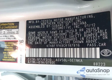 2012 Toyota Camry Se/Le/Xle из США, поврежденный, VIN 4T4BF1FK8CR187816